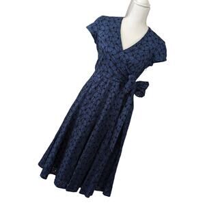 TALBOTS! BLACK FLORAL EMBROIDERED MARINE BLUE COTTON WRAP, SIDE TIE DRESS! SZ 4